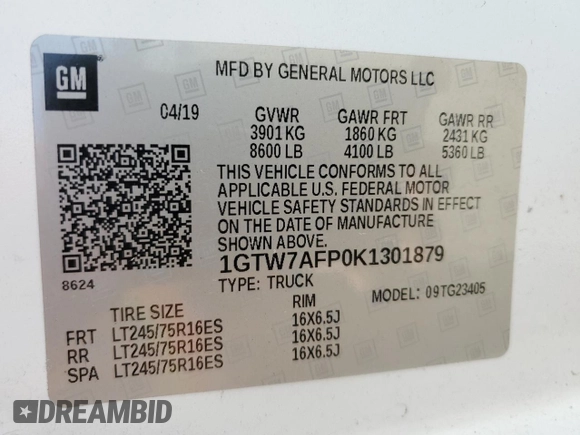 2019 GMC Savana Cargo Van with VIN 1GTW7AFP0K1301879, listed as a Copart auction lot 42157385 with 65,831 mi miles and Salvage Title. Bid and sale history available at carsss.com. Image 14.