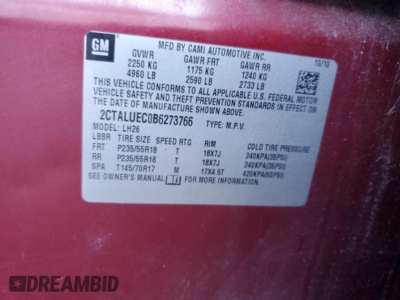 2011 GMC Terrain SLT-1 with VIN 2CTALUEC0B6273766, listed as a Copart auction lot 52489885 with 138,636 mi miles and Salvage title. Bid and sale history available at DreamBid. Image 13.