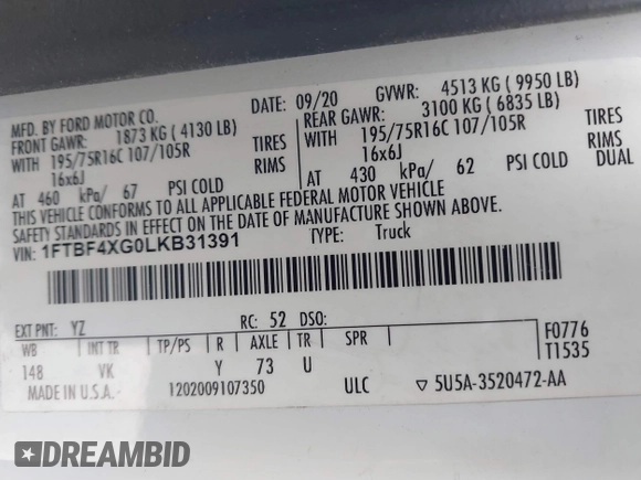 2020 Ford Transit Cargo with VIN 1FTBF4XG0LKB31391, listed as a IAAI auction lot 41603637 with 87,279 mi miles and . Bid and sale history available at DreamBid. Image 9.