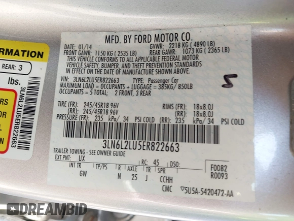 2014 Lincoln MKZ Hybrid with VIN 3LN6L2LU5ER822663, listed as a IAAI auction lot 42656735 with 122,025 mi miles and . Bid and sale history available at DreamBid. Image 9.