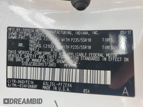 2017 Toyota Sienna LE with VIN 5TDJZ3DC0HS173865, listed as a Copart auction lot 63490865 with 173,078 mi miles and Clean title. Bid and sale history available at DreamBid. Image 13.