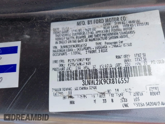 2012 Lincoln MKZ with VIN 3LNHL2JC9CR816557, listed as a IAAI auction lot 42558157 with 203,284 mi miles and . Bid and sale history available at DreamBid. Image 9.