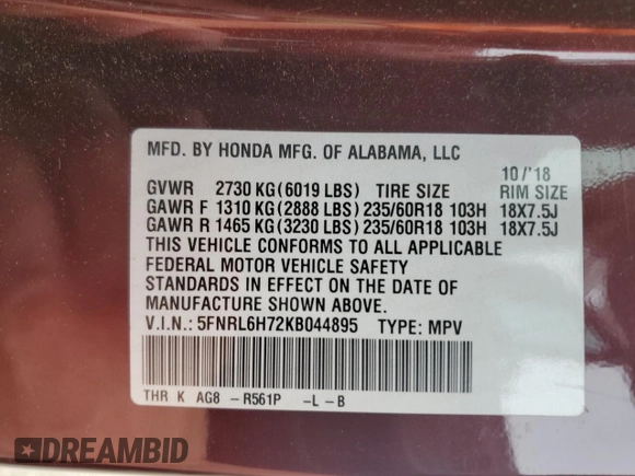 2019 Honda Odyssey EX-L z VIN 5FNRL6H72KB044895, wystawiony jako Copart lot #56573285 z przebiegiem 54 548 mil mil oraz Szkoda całkowita • Salvage title. Historia ofert i sprzedaży dostępna na DreamBid. Obrazek 13.