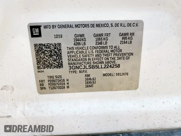 2020 Chevrolet Trax LT with VIN 3GNCJLSB5LL224258, listed as a Copart auction lot 58664515 with 77,217 mi miles and Salvage title. Bid and sale history available at DreamBid. Image 14.