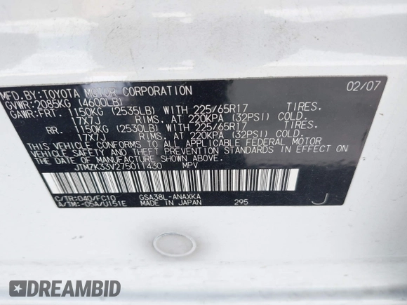 2007 Toyota RAV4 with VIN JTMZK33V275011430, listed as a IAAI auction lot 42159203 with 195,141 mi miles. Bid and sale history available at carsss.com. Image 9.