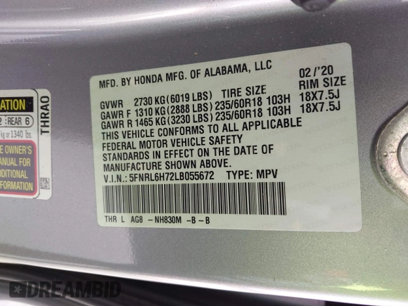 2020 Honda Odyssey EX-L with VIN 5FNRL6H72LB055672, listed as a IAAI auction lot 41586663 with 47,037 mi miles and . Bid and sale history available at carsss.com. Image 9.