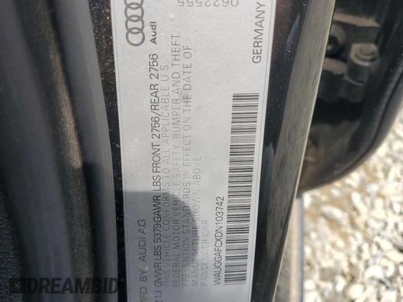 2013 Audi A6 Premium Plus with VIN WAUGGAFCXDN103742, listed as a Copart auction lot 54901795 with 122,795 mi miles and Clean title. Bid and sale history available at DreamBid. Image 12.