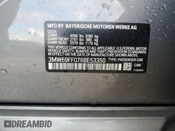 2024 BMW 3 Series 330i with VIN 3MW69FF07R8E53350, listed as a Copart auction lot 82477514 with 0 mi miles and Salvage Title. Bid and sale history available at carsss.com. Image 12.