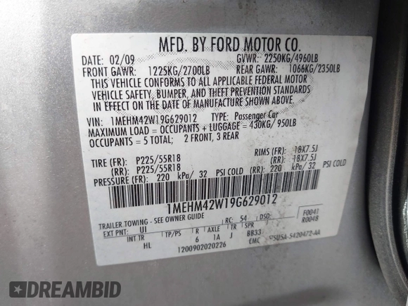 2009 Mercury Sable Premier with VIN 1MEHM42W19G629012, listed as a IAAI auction lot 42070705 with 182,507 mi miles and . Bid and sale history available at DreamBid. Image 9.