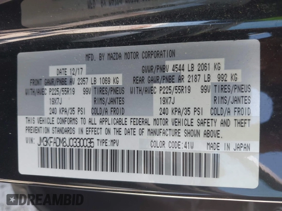 2018 Mazda CX-5 Grand Touring with VIN JM3KFADM8J0330035, listed as a IAAI auction lot 41878680 with 62,632 mi miles. Bid and sale history available at carsss.com. Image 9.