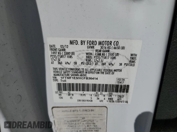 2012 Ford F-150 XL z VIN 1FTMF1EMXCFB36414, wystawiony jako Copart lot #61592065 z przebiegiem 321 291 mil mil oraz Szkoda całkowita • Salvage title. Historia ofert i sprzedaży dostępna na DreamBid. Obrazek 12.