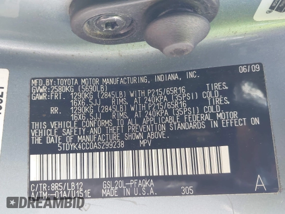 2010 Toyota Sienna XLE with VIN 5TDYK4CC0AS299238, listed as a IAAI auction lot 42168312 with 161,950 mi miles and . Bid and sale history available at carsss.com. Image 9.