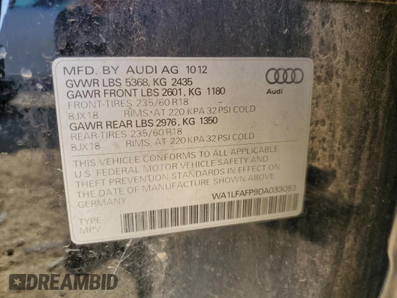 2013 Audi Q5 Premium Plus with VIN WA1LFAFP9DA033093, listed as a Copart auction lot 58893375 with 199,844 mi miles and Clean title. Bid and sale history available at DreamBid. Image 13.