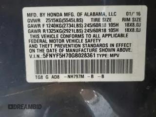 2016 Honda Pilot EX-L with VIN 5FNYF5H70GB028361, listed as a Copart auction lot 45791915 with 138,412 mi miles and Salvage Title. Bid and sale history available at DreamBid. Image 13.