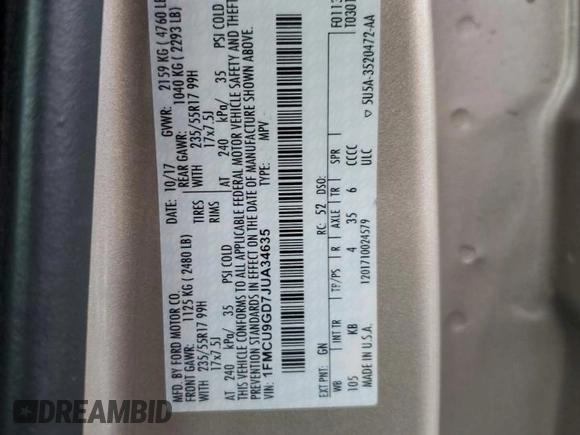 2018 Ford Escape SE z VIN 1FMCU9GD7JUA34635, wystawiony jako Copart lot #48379395 z przebiegiem 123 832 mil mil oraz Szkoda całkowita • Salvage title. Historia ofert i sprzedaży dostępna na DreamBid. Obrazek 14.