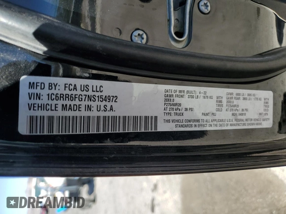 2022 Ram 1500 Tradesman with VIN 1C6RR6FG7NS154972, listed as a Copart auction lot 49176005 with 35,662 mi miles and Salvage title. Bid and sale history available at DreamBid. Image 12.