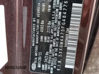 2015 Kia Optima LX with VIN 5XXGM4A75FG484776, listed as a Copart auction lot 55661635 with Not provided miles and Salvage title. Bid and sale history available at DreamBid. Image 13.