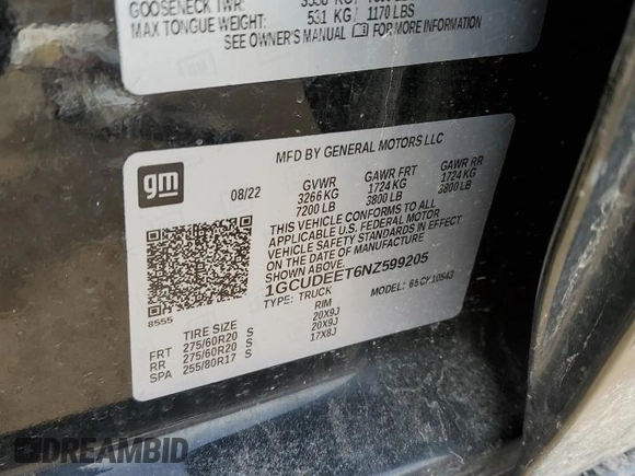 2022 Chevrolet Silverado 1500 RST with VIN 1GCUDEET6NZ599205, listed as a Copart auction lot 42735645 with Not Provided miles and Clean Title. Bid and sale history available at DreamBid. Image 12.