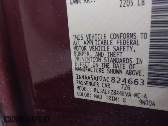 2010 Nissan Maxima S with VIN 1N4AA5AP2AC824663, listed as a IAAI auction lot 42577044 with 127,273 mi miles and . Bid and sale history available at DreamBid. Image 9.