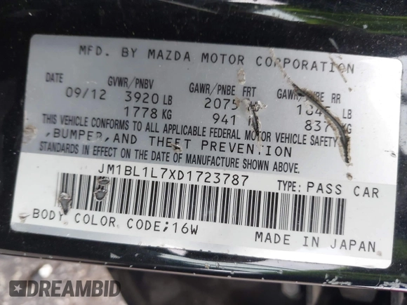 2013 Mazda 3 i Touring with VIN JM1BL1L7XD1723787, listed as a IAAI auction lot 42644276 with 150,745 mi miles and . Bid and sale history available at DreamBid. Image 9.