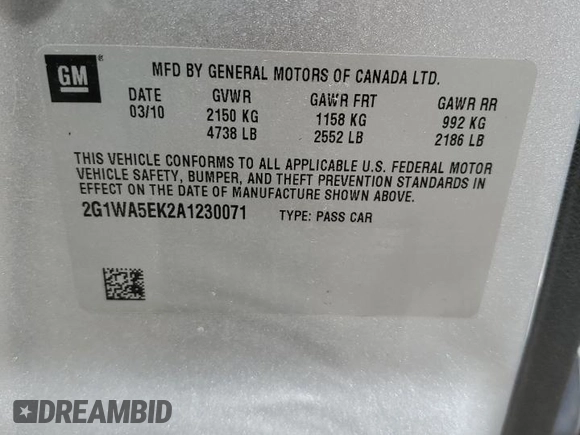 2010 Chevrolet Impala LS with VIN 2G1WA5EK2A1230071, listed as a Copart auction lot 53567055 with 151,910 mi miles and Salvage Title. Bid and sale history available at DreamBid. Image 14.