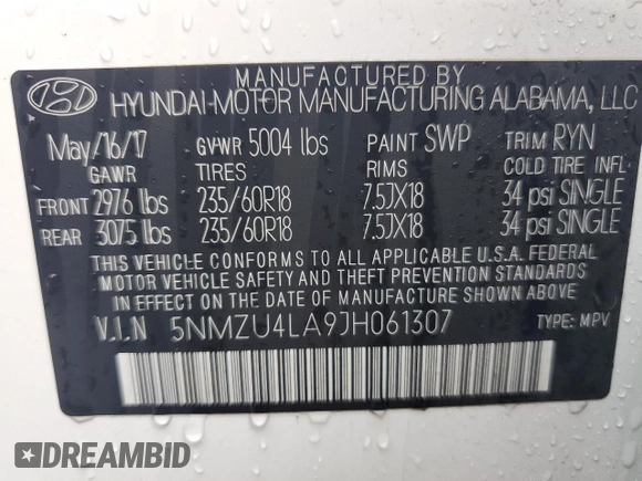 2018 Hyundai Santa Fe 2.0T с VIN 5NMZU4LA9JH061307, выставлен на аукционе Copart как лот 85495764 с пробегом 91 011 миль миль и Списание • Salvage title. История ставок и продаж доступна на DreamBid. Изображение 13.
