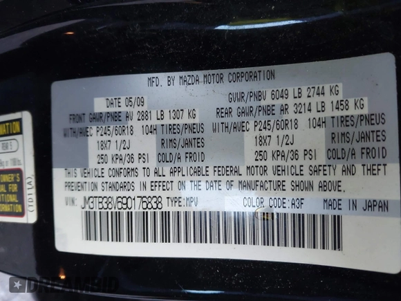2009 Mazda CX-9 Touring with VIN JM3TB38V690176838, listed as a IAAI auction lot 41236258 with 215,285 mi miles and . Bid and sale history available at DreamBid. Image 9.