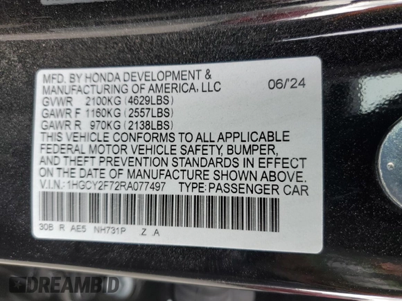 2024 Honda Accord Sport-L with VIN 1HGCY2F72RA077497, listed as a Copart auction lot 54013155 with 13,967 mi miles and Salvage title. Bid and sale history available at DreamBid. Image 12.