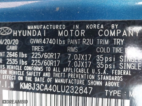 2020 Hyundai Tucson Value with VIN KM8J3CA40LU232847, listed as a IAAI auction lot 41639143 with 92,926 mi miles. Bid and sale history available at carsss.com. Image 9.