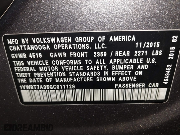 2016 Volkswagen Passat 1.8T SE with VIN 1VWBT7A35GC011129, listed as a IAAI auction lot 39977788 with 123,007 mi miles. Bid and sale history available at carsss.com. Image 9.