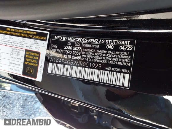 2022 Mercedes-Benz C 300 with VIN W1KAF4GB2NR051929, listed as a IAAI auction lot 41752846 with 16,673 mi miles and . Bid and sale history available at DreamBid. Image 9.