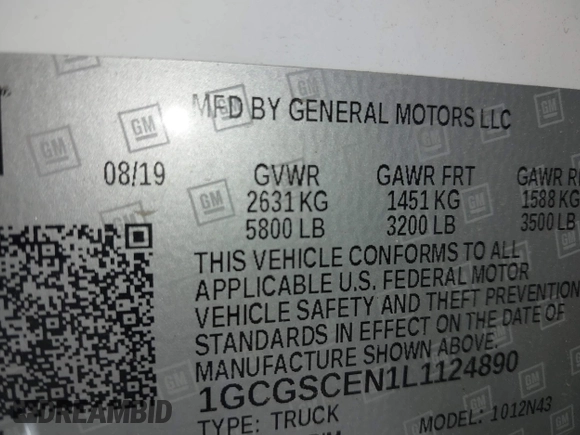 2020 Chevrolet Colorado 2WD LT with VIN 1GCGSCEN1L1124890, listed as a IAAI auction lot 41856902 with 85,512 mi miles and . Bid and sale history available at DreamBid. Image 18.