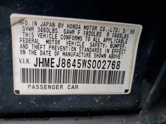 1998 Honda Civic EX with VIN JHMEJ8645WS002768, listed as a Copart auction lot 50906035 with 175,220 mi miles and Salvage Title. Bid and sale history available at carsss.com. Image 14.