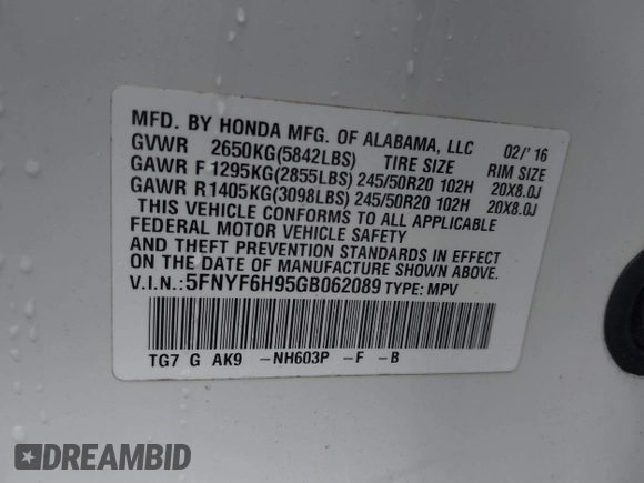 2016 Honda Pilot Touring with VIN 5FNYF6H95GB062089, listed as a IAAI auction lot 41810378 with 74,704 mi miles and . Bid and sale history available at DreamBid. Image 9.