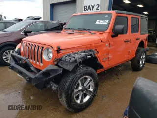 2018 Jeep Wrangler Unlimited Sahara z VIN 1C4HJXEG3JW248594, wystawiony jako Copart lot #46171035 z przebiegiem 78 979 mil mil oraz Szkoda całkowita • Salvage title. Historia ofert i sprzedaży dostępna na DreamBid. Obrazek 1.
