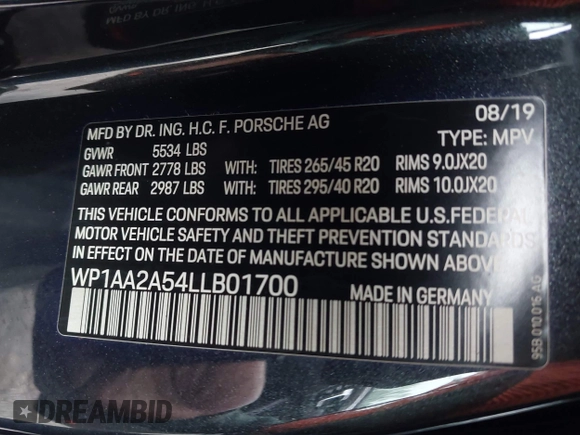 2020 Porsche Macan with VIN WP1AA2A54LLB01700, listed as a IAAI auction lot 41383568 with 49,338 mi miles and . Bid and sale history available at DreamBid. Image 9.
