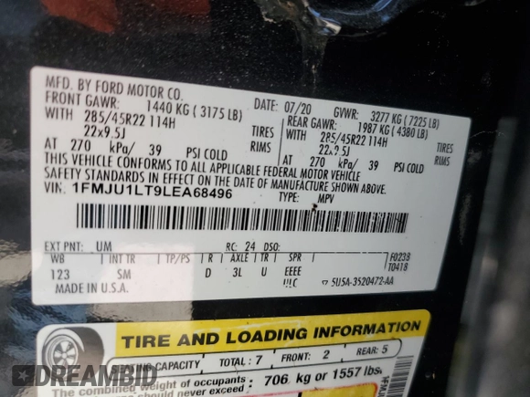 2020 Ford Expedition Platinum with VIN 1FMJU1LT9LEA68496, listed as a Copart auction lot 76551844 with Not provided miles and Non repairable. Bid and sale history available at DreamBid. Image 14.