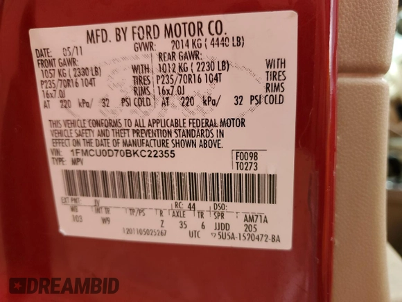 2011 Ford Escape XLT с VIN 1FMCU9D75BKC35932, выставлен на аукционе Copart как лот 55184205 с пробегом 171 171 миль миль и Чистый • Clean title. История ставок и продаж доступна на DreamBid. Изображение 13.