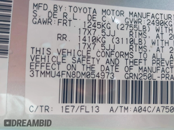 2013 Toyota Tacoma with VIN 3TMMU4FN8DM054973, listed as a IAAI auction lot 41659232 with 113,734 mi miles. Bid and sale history available at carsss.com. Image 9.