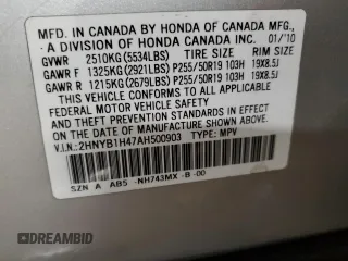 2010 Acura ZDX Tech Pkg with VIN 2HNYB1H47AH500903, listed as a Copart auction lot 43145505 with 143,774 mi miles and Salvage Title. Bid and sale history available at carsss.com. Image 12.