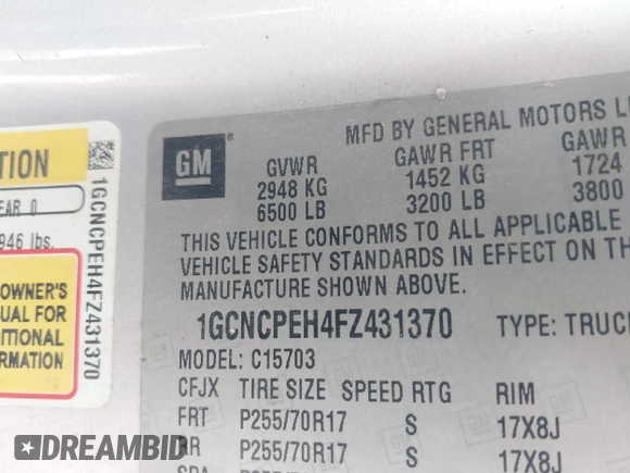 2015 Chevrolet Silverado 1500 Work Truck with VIN 1GCNCPEH4FZ431370, listed as a IAAI auction lot 42032877 with 138,514 mi miles and . Bid and sale history available at DreamBid. Image 9.