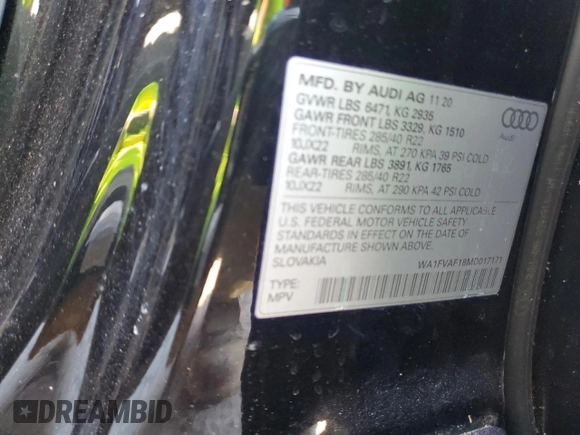 2021 Audi Q8 Prestige с VIN WA1FVAF18MD017171, выставлен на аукционе Copart как лот 41645255 с пробегом Не указан миль и Списание • Salvage title. История ставок и продаж доступна на DreamBid. Изображение 13.
