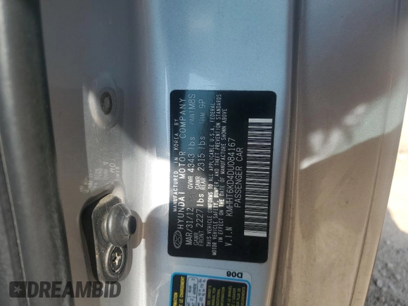 2013 Hyundai Genesis Coupe 2.0T with VIN KMHHT6KD4DU084167, listed as a Copart auction lot 60564035 with 177,235 mi miles and Salvage title. Bid and sale history available at DreamBid. Image 12.