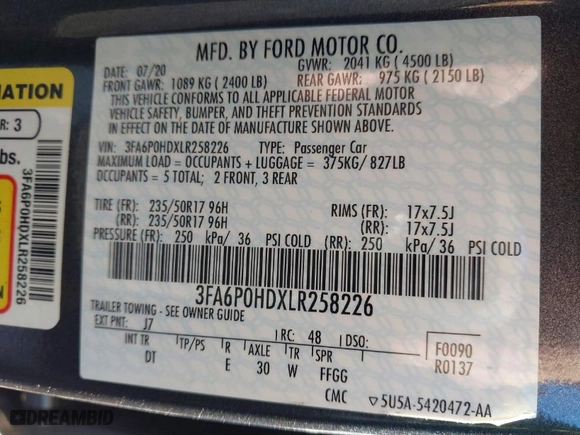 2020 Ford Fusion SE with VIN 3FA6P0HDXLR258226, listed as a IAAI auction lot 41748400 with 81,937 mi miles. Bid and sale history available at carsss.com. Image 9.