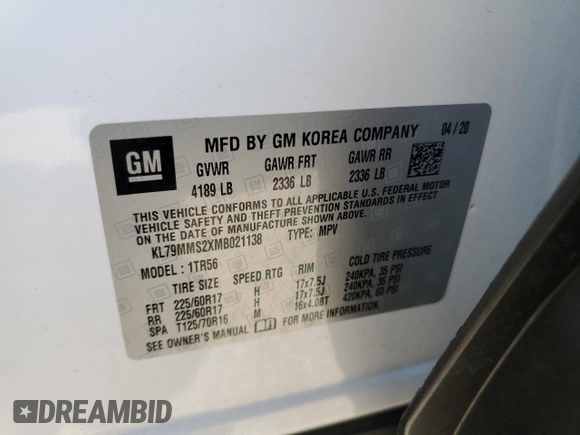 2021 Chevrolet TrailBlazer LS with VIN KL79MMS2XMB021138, listed as a Copart auction lot 65778844 with 30,309 mi miles and Salvage Title. Bid and sale history available at DreamBid. Image 14.