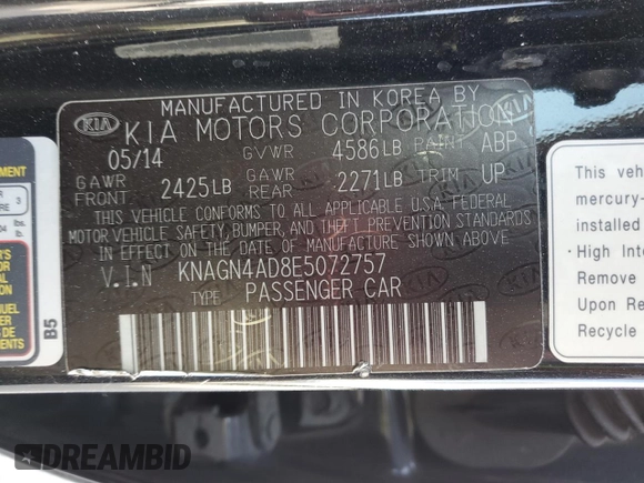 2014 Kia Optima EX with VIN KNAGN4AD8E5072757, listed as a Copart auction lot 61809595 with 174,357 mi miles and Salvage title. Bid and sale history available at DreamBid. Image 12.