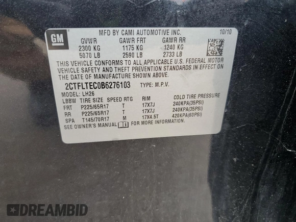 2011 GMC Terrain SLE-2 with VIN 2CTFLTEC0B6276103, listed as a Copart auction lot 64050345 with 169,532 mi miles and Non repairable. Bid and sale history available at DreamBid. Image 13.