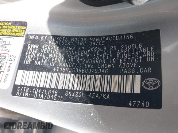 2006 Toyota Avalon XL with VIN 4T1BK36B86U079346, listed as a IAAI auction lot 42213221 with 145,389 mi miles and . Bid and sale history available at DreamBid. Image 9.