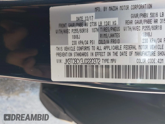 2018 Mazda CX-9 Touring with VIN JM3TCBCY3J0220372, listed as a IAAI auction lot 42405192 with 104,556 mi miles and . Bid and sale history available at DreamBid. Image 9.