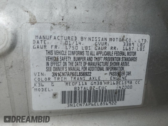 2014 Nissan Versa SV with VIN 3N1CN7AP6EL856922, listed as a Copart auction lot 52895285 with 78,135 mi miles and Salvage Title. Bid and sale history available at carsss.com. Image 12.